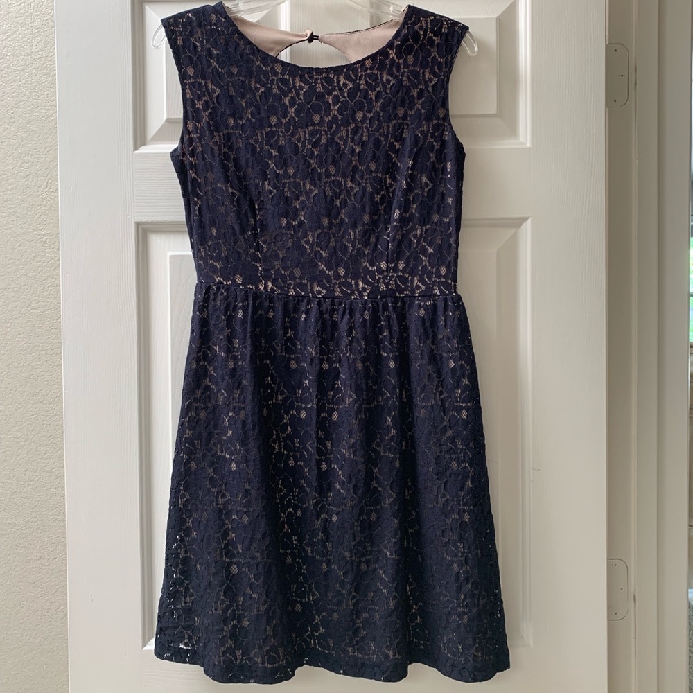 Navy lace dress with nude lining and keyhole back